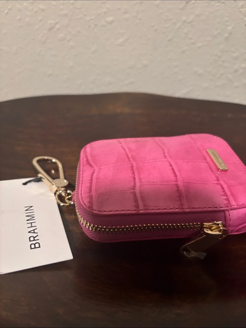 Brahmin Magenta Croc-Embossed Key Pouch with Gold Hardware